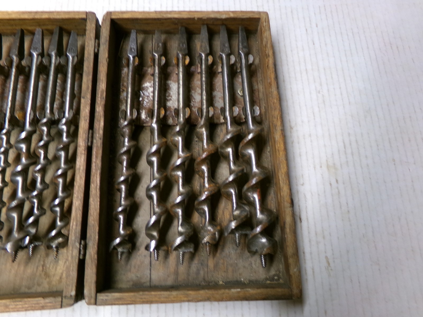 Vintage Irwin 13 Piece Set of Auger Brace Bits and Wooden Box