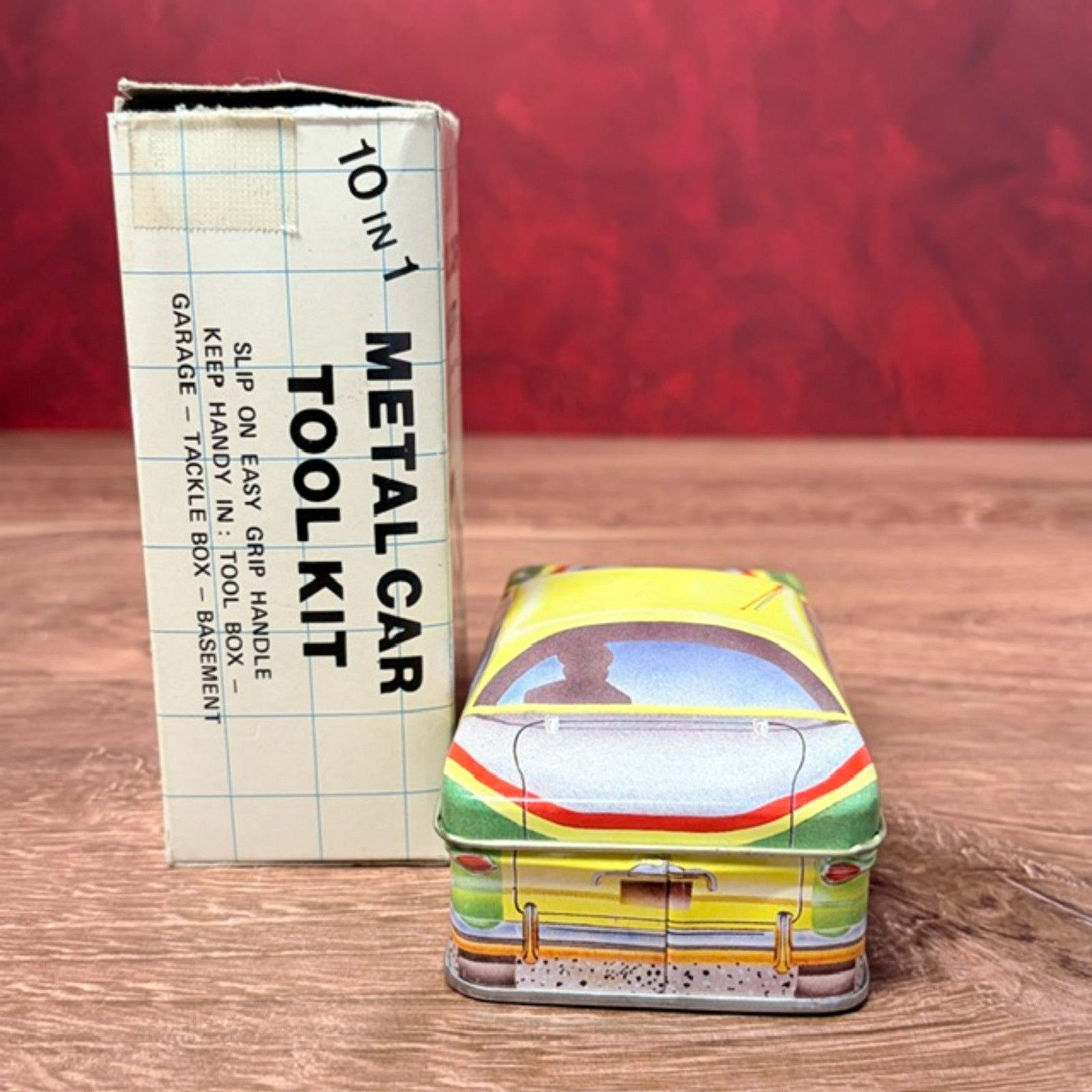 Vintage 10 in 1 Metal Car Tool Kit Hong Kong Tin Box Missing 1 Driver AS IS