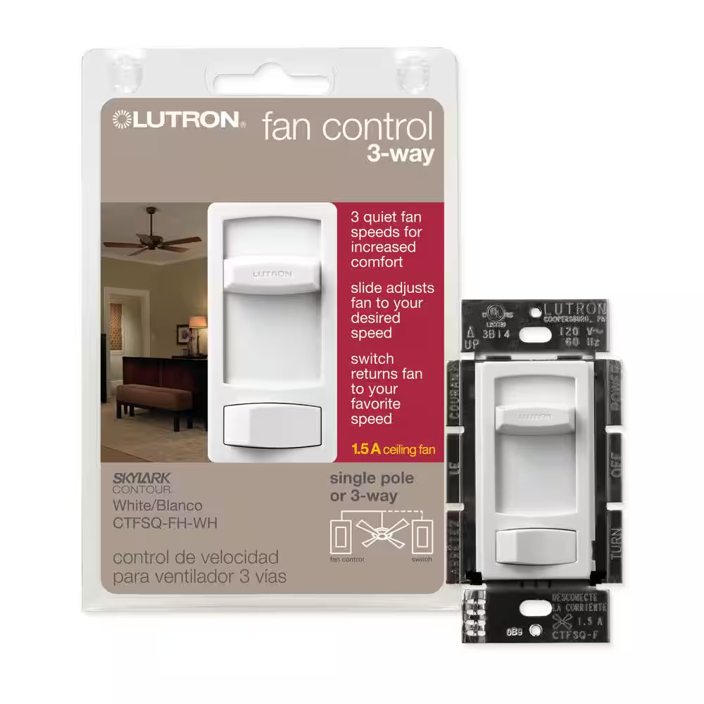 Skylark Contour Fan Control, Quiet 3-Speed, 1.5-Amp/Single-Pole or 3-Way, White