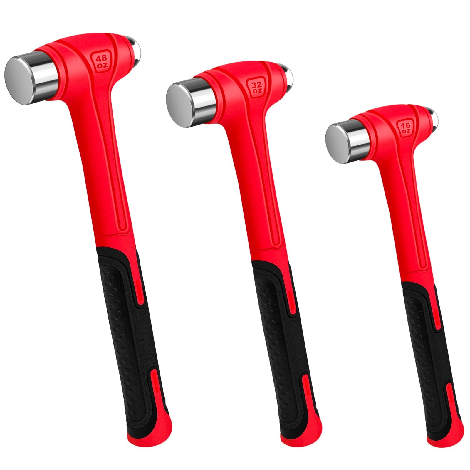 3-Piece Ball Peen Hammer Set – 16oz, 32oz, 48oz – Fiberglass Handle, Forged Stee