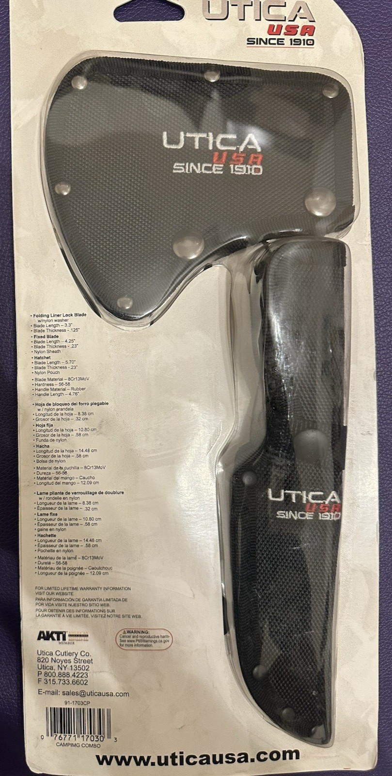Utica Hatchet Axe Kit with Sheath Holster & Folding Pocket Knife Straight Knife