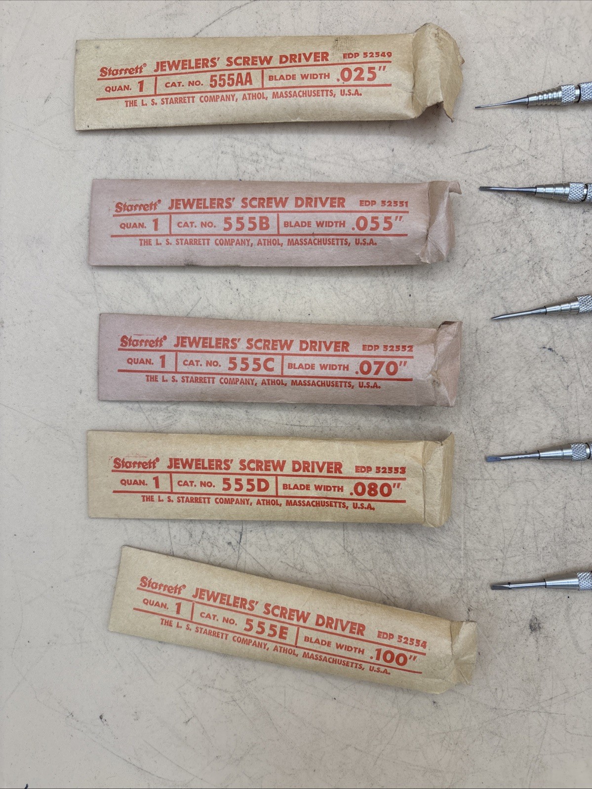 Vintage L. S. Starrett No. S555-6 Jewelers’ Screw Drivers Set of 5 ( 1 Missing)