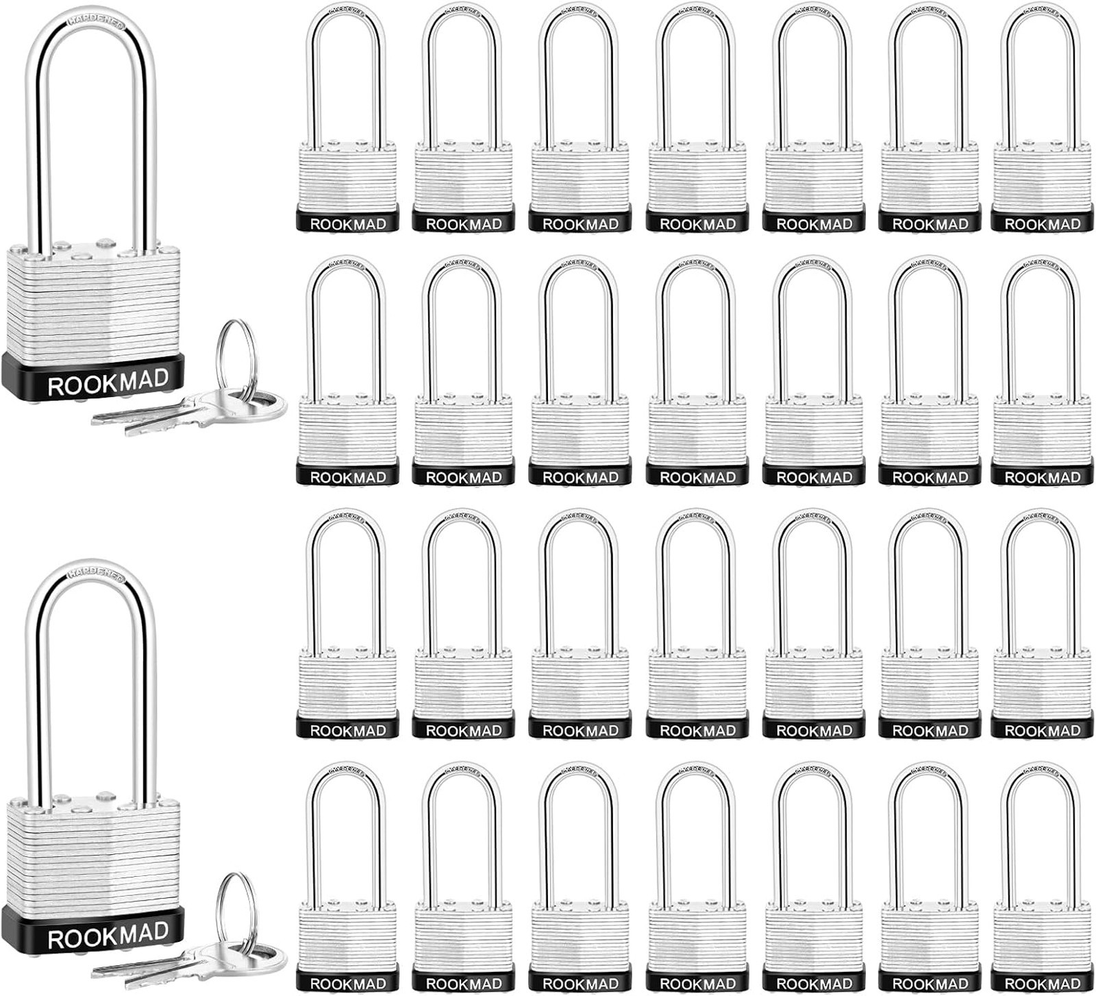 Keyed Padlocks Laminated Steel 30 Pack Long Shackle Same Keys Indoor Outdoor