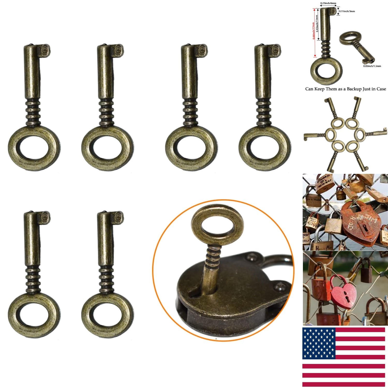 6pcs Mini Antique Keys – Stylish Bronze Keys for Bear Head & Heart Padlocks