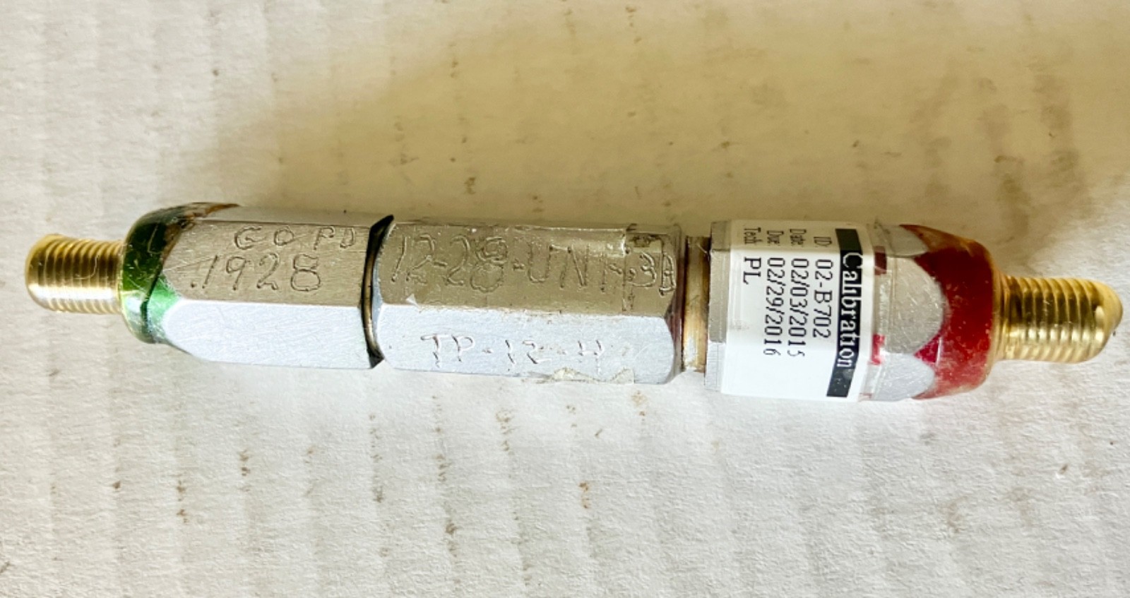12-28 UNF 3B THREAD PLUG GAGE #12 .216 GO NO GO P.D.’S = .1928 & .1959