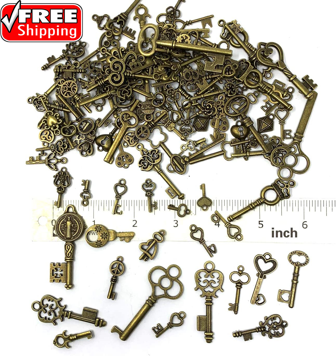 125 PCS Vintage Skeleton Key Set Charms, Mixed Antique Style Bronze Brass for P