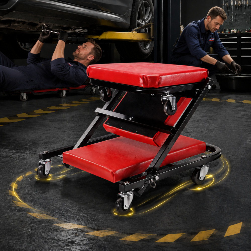 Heavy Duty Z-Shaped Rolling Mechanic Seat, Adjustable Padded Wheel Stool
