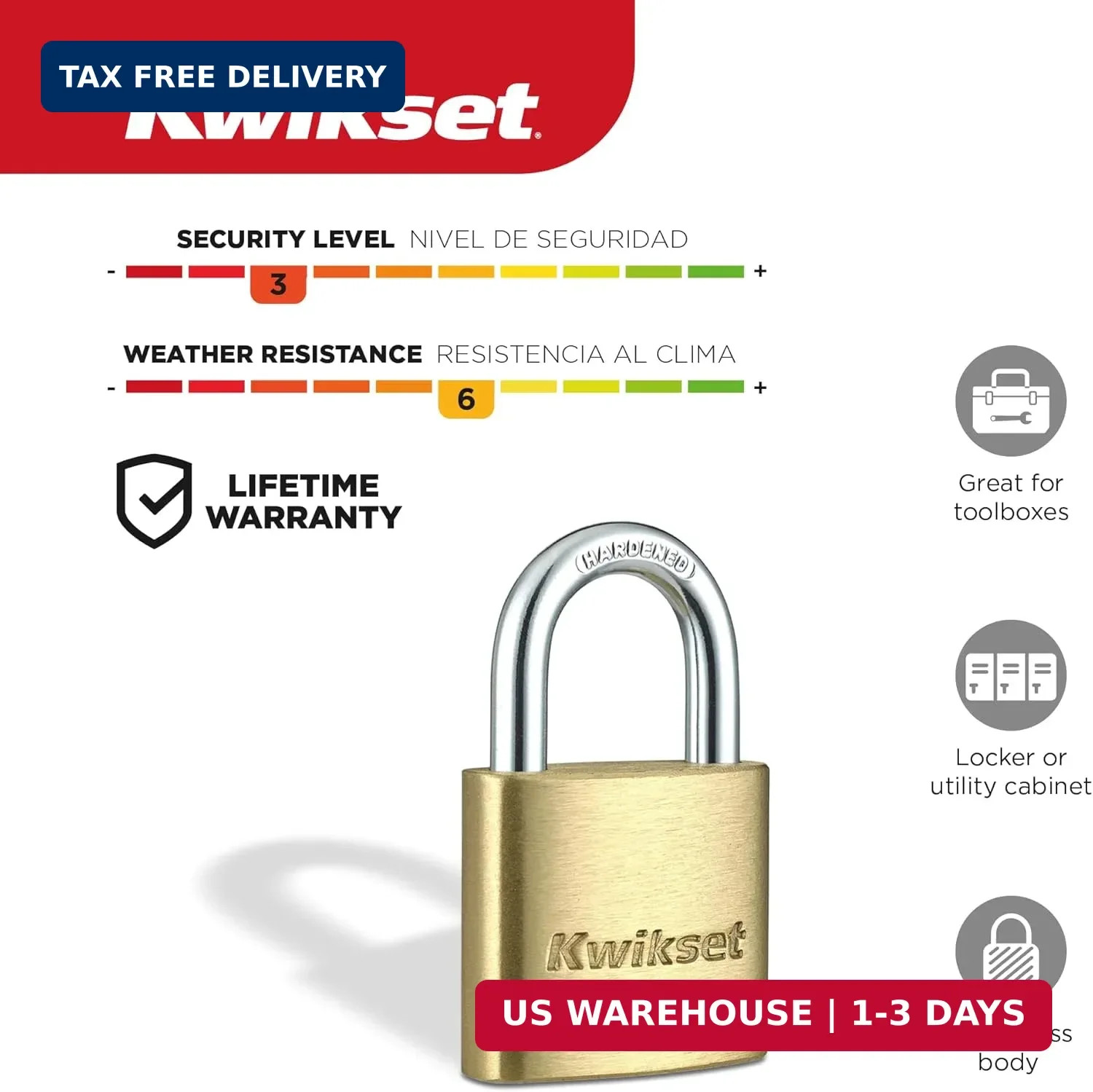 Kwikset Brass Padlock with Hardened Steel Shackle, Indoor Outdoor Cabinet and St
