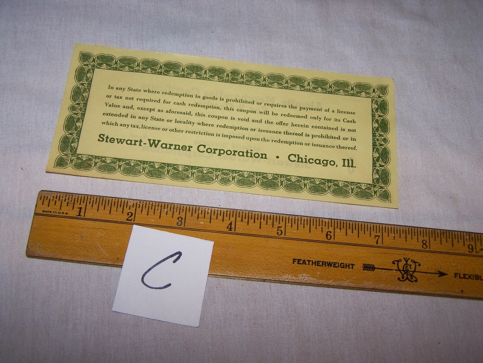 1938 STEWART WARNER CORP Alemite Merchandise Certificate – Lot C