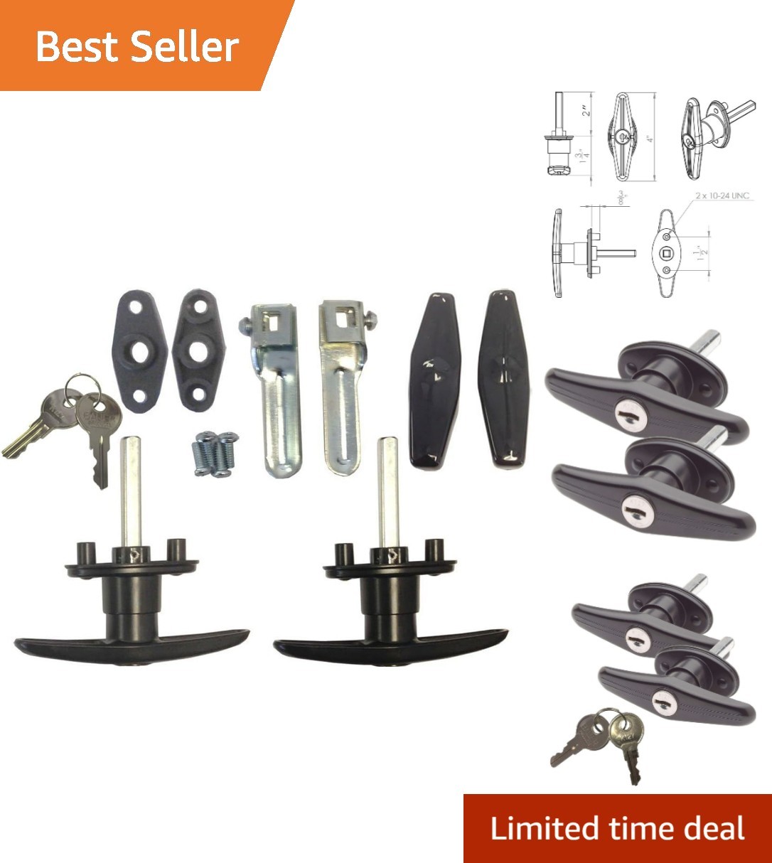 Complete T-Handles Lock Set – 2 Black Handles, Keys, and Installation Kit