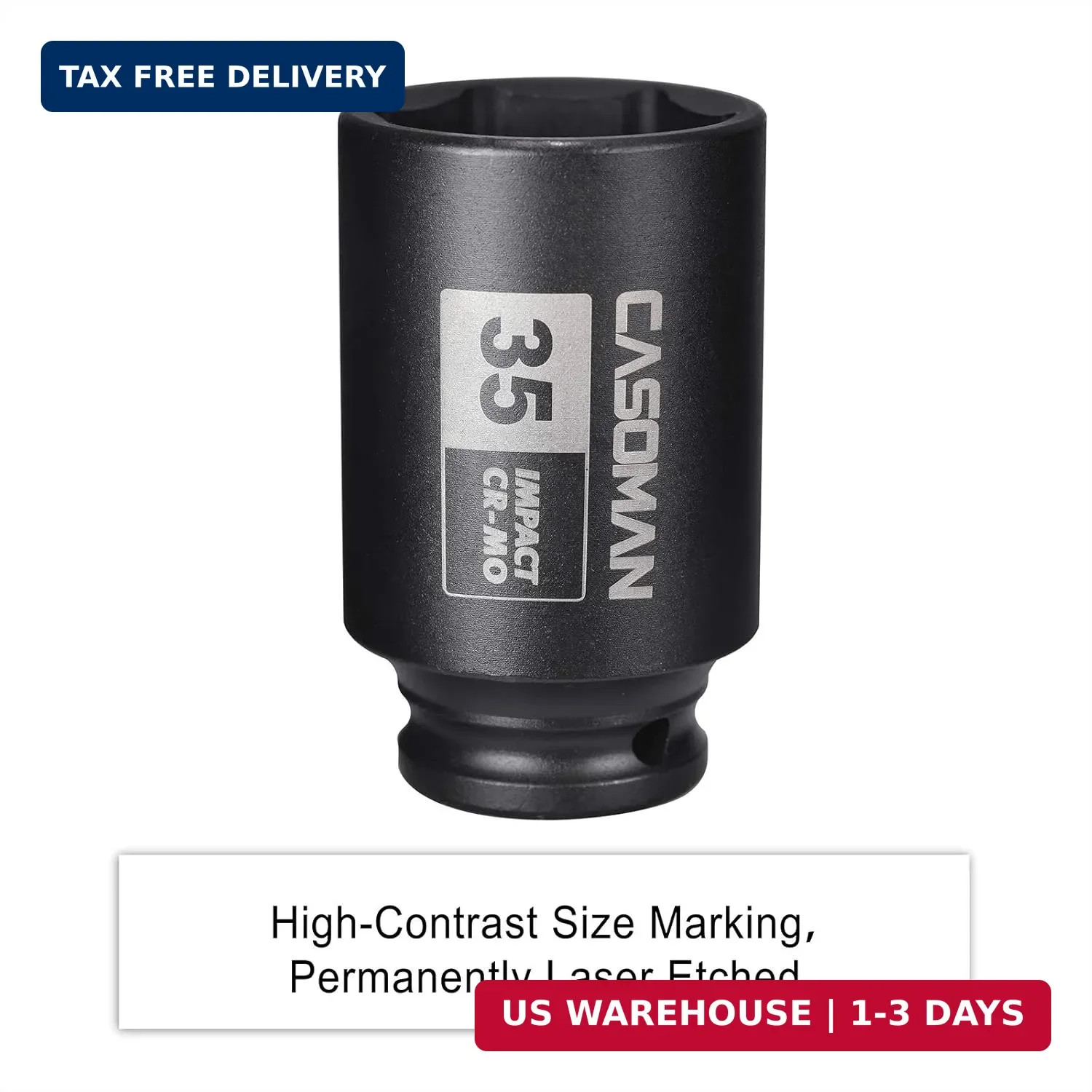 CASOMAN 1/2″ Drive x 35 mm Deep 6 PT Impact Socket, CR-MO, 1/2-inch Drive 6 Poin