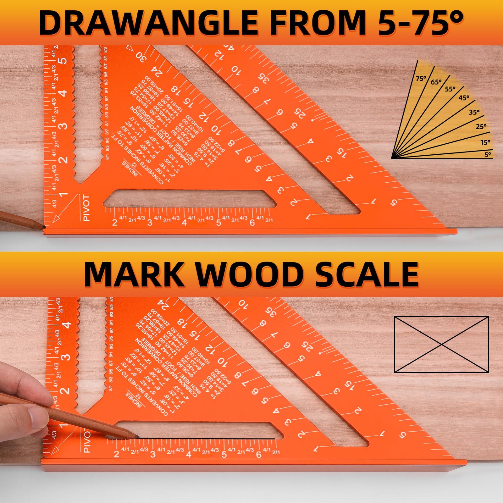 QualiapeX Aluminum 12 Inch Rafter Square, Carpenter Measuring Layout Orange