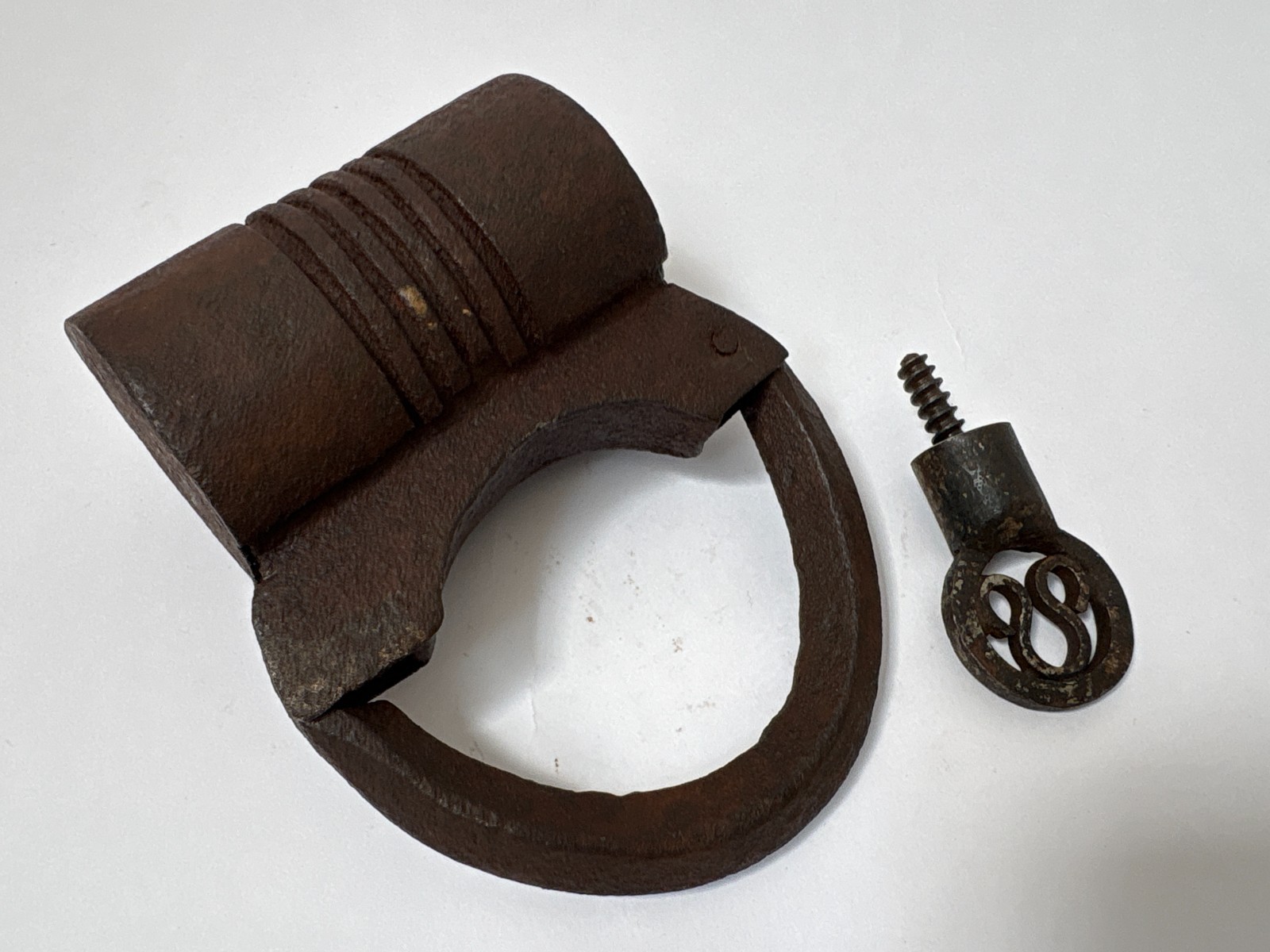 Vintage Rustic Iron Hand Forged Heavy Padlock with Screw Key Mechanism