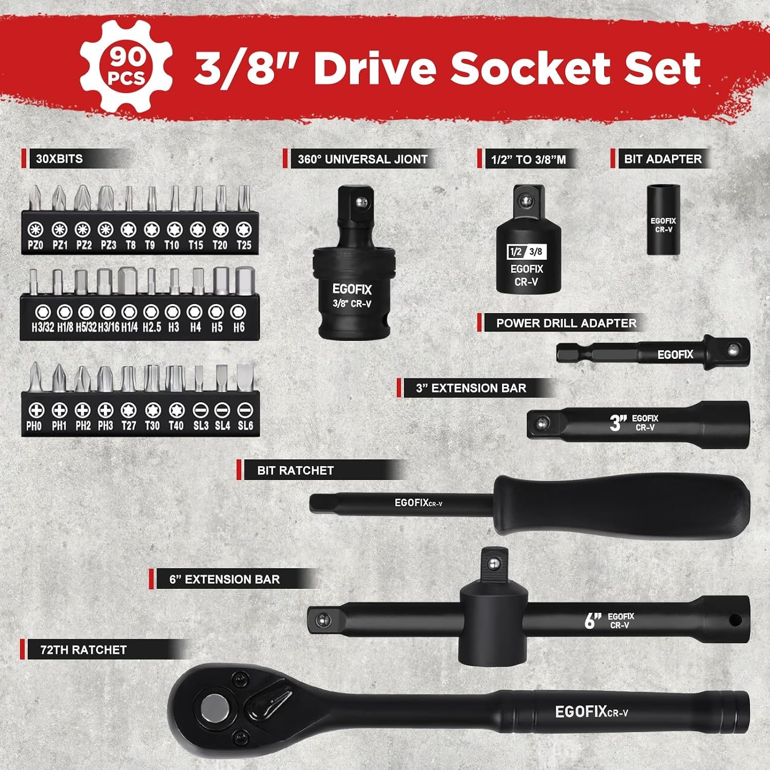 3/8″ Drive Impact Socket Set 90 Piece Metric SAE Sockets 6-22mm Piece Socket Set