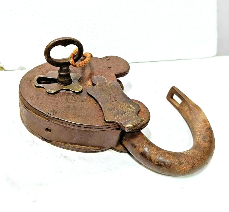 Original 1930’s Old Antique Unique V R Crown Patent Seal Engraved Iron Lock Key
