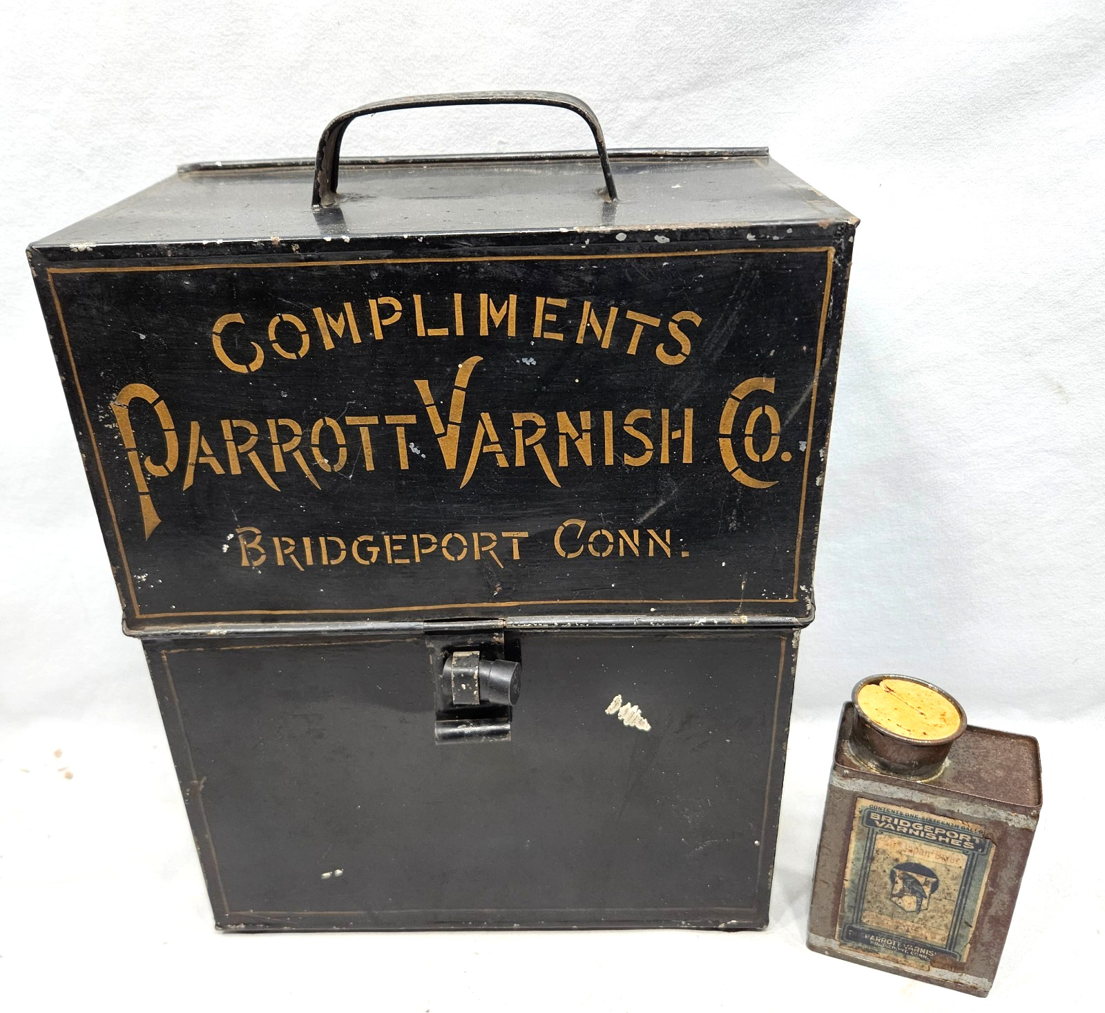 Rare 1800’s Parrott Varnish Co Bridgeport CT Tin Brush Box & Varnish Container