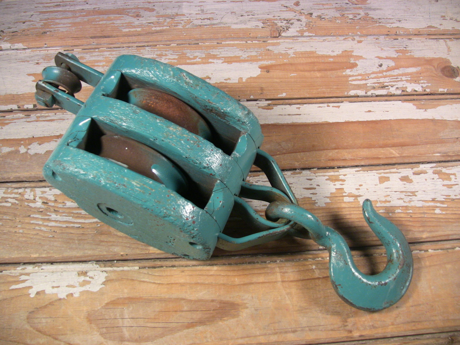 Vintage Industrial Pulley Wood Block Double Wheel Iron Hook 14″ U-W Logo #4of6 D