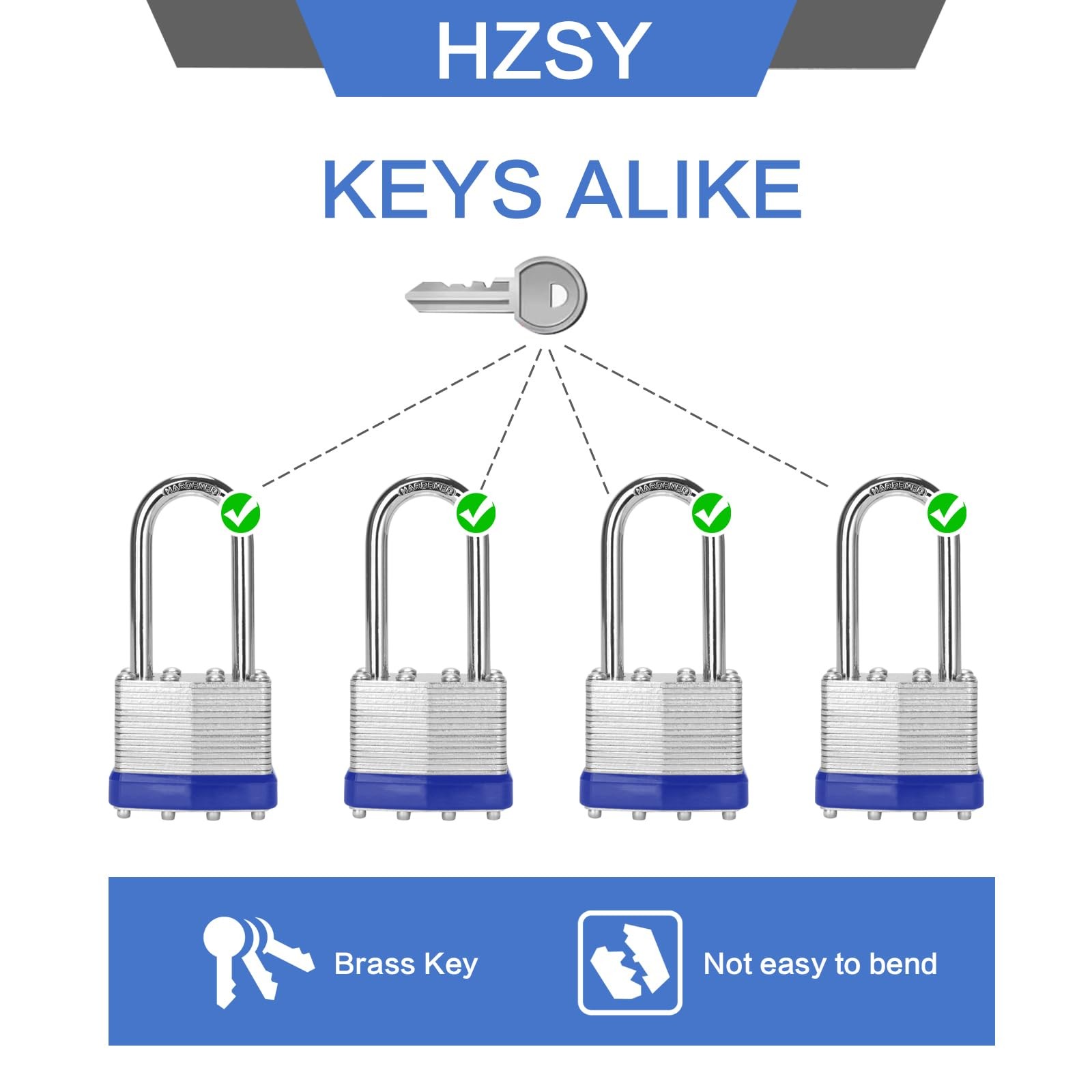 Padlocks Keyed Alike, Pack of 6, Laminated Steel Keyed Lock 6 PACK Long Shackle