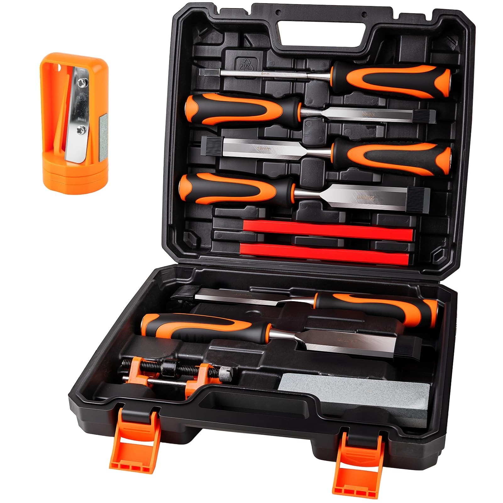 10Pcs Wood Chisel Set with Honing Guide, Sharpening Stone & Pencils – DIY & Pro