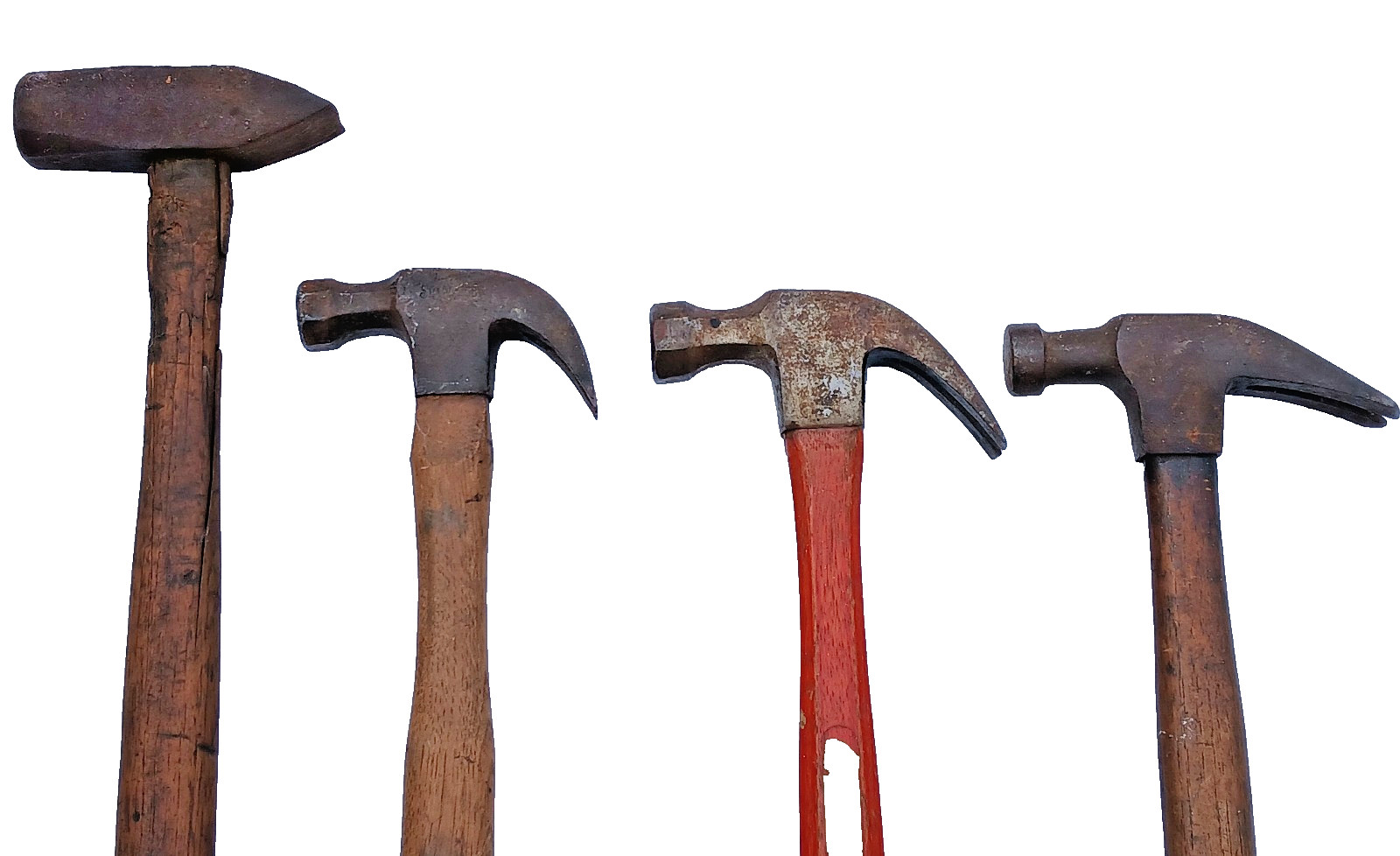 LOT OF 4 ASSORTED USED WOOD HANDLE HAMMERS SMALL SLEDGE 2 CLAW HAMMERS & 1 RIP