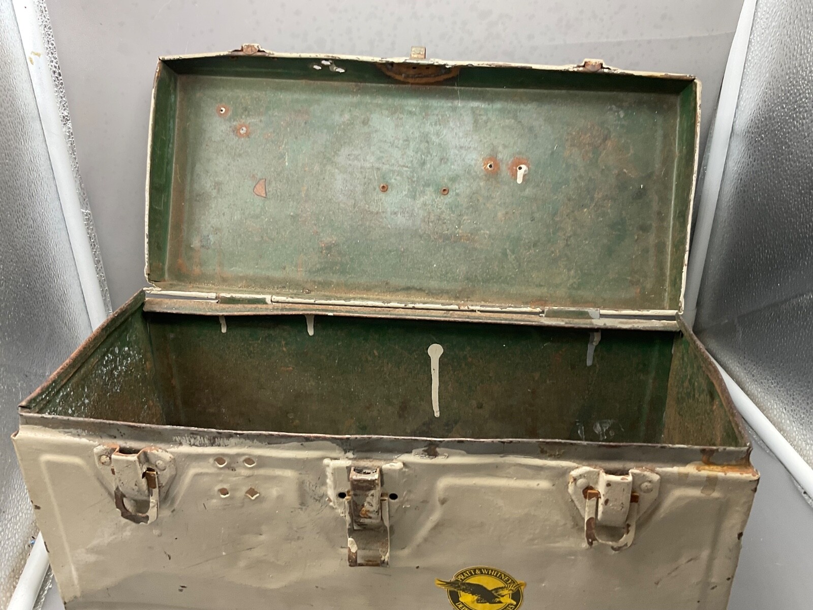 Mechanics Toolbox Painted Worn Vintage Metal used at Pratt and Whitney.
