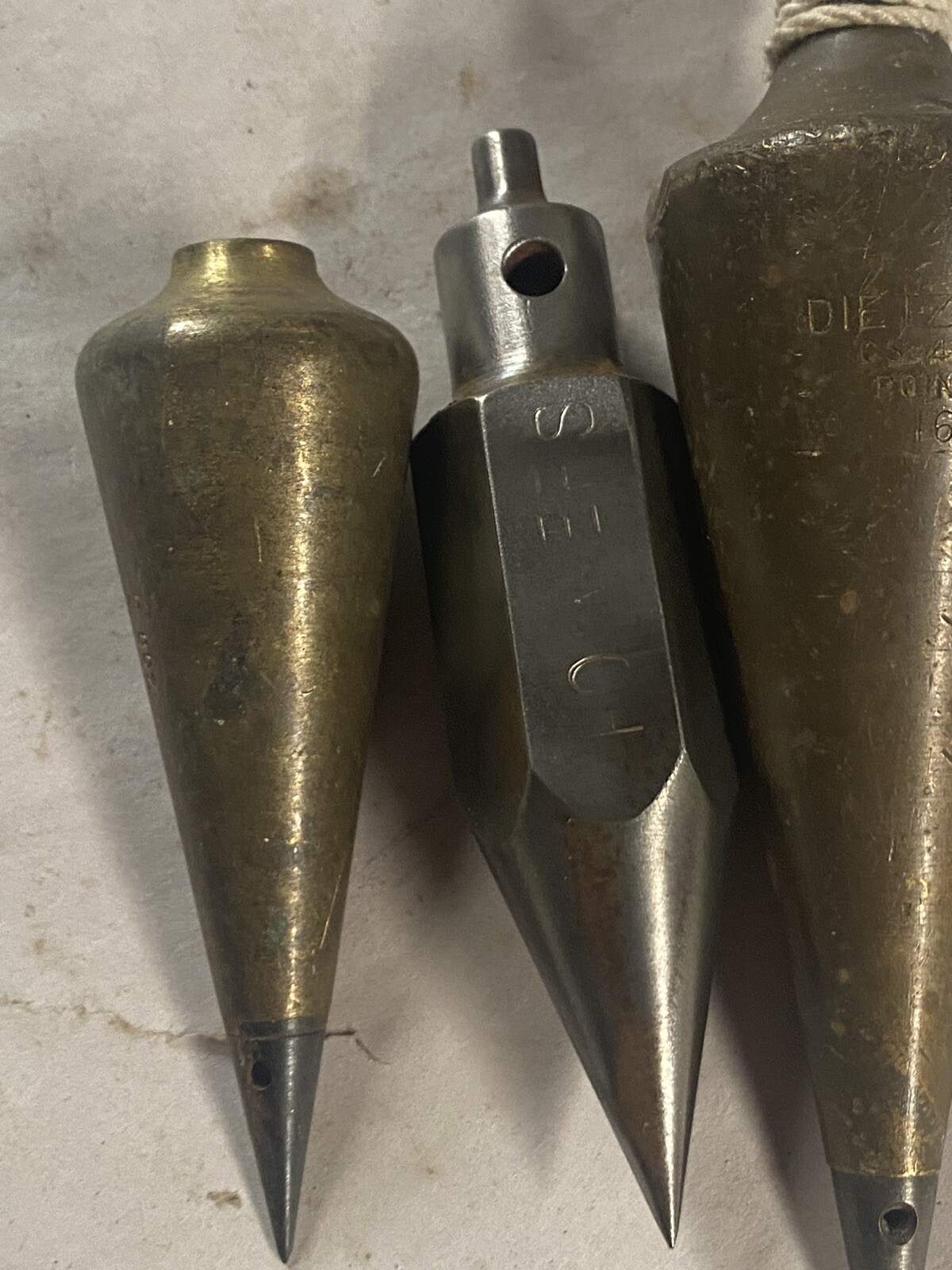 3 Vintage Plumb Bobs 1 Brass Dietzgen 16 oz 1 Brass 7 oz 1 Steel 7oz