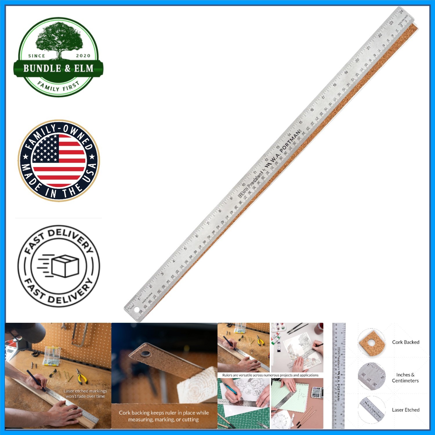 Stainless Steel Ruler 24 Inch with Flexible Cork Back for School and Workshop