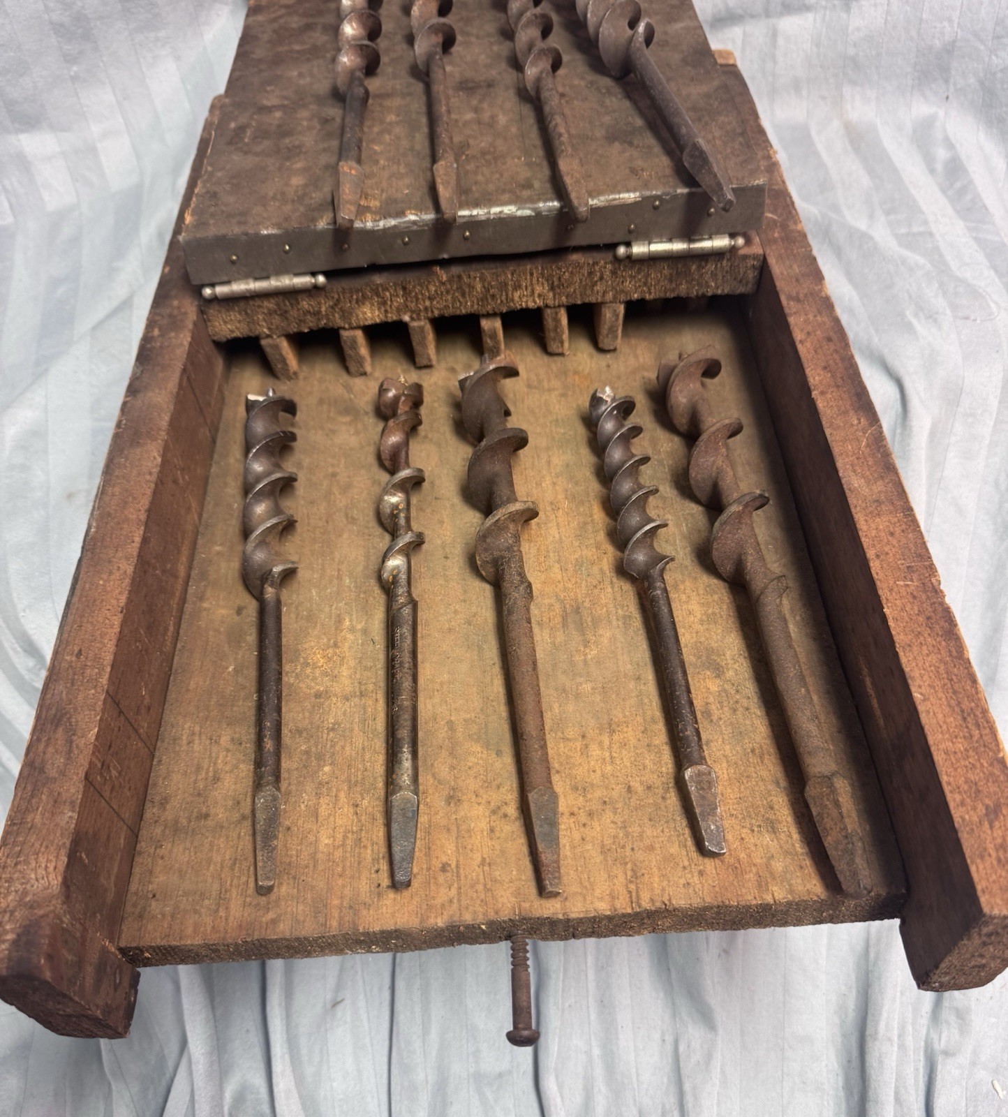 Lot of Nine Antique Wood Auger Bits w Tapered Square Shank And Wooden Case