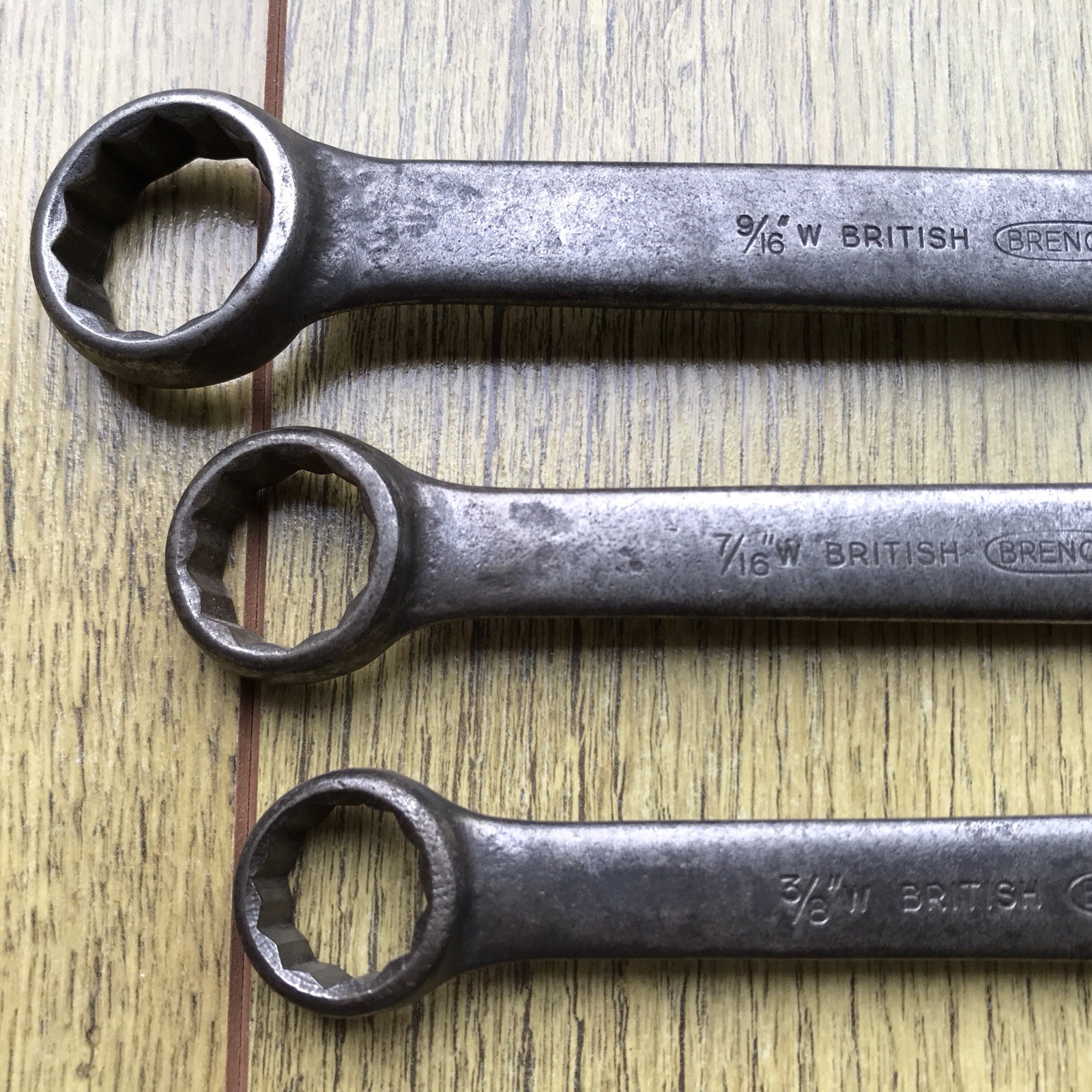 3 Vintage Brenco Military Issued combination Spanners 9/16” to 3/8”Whitworth.