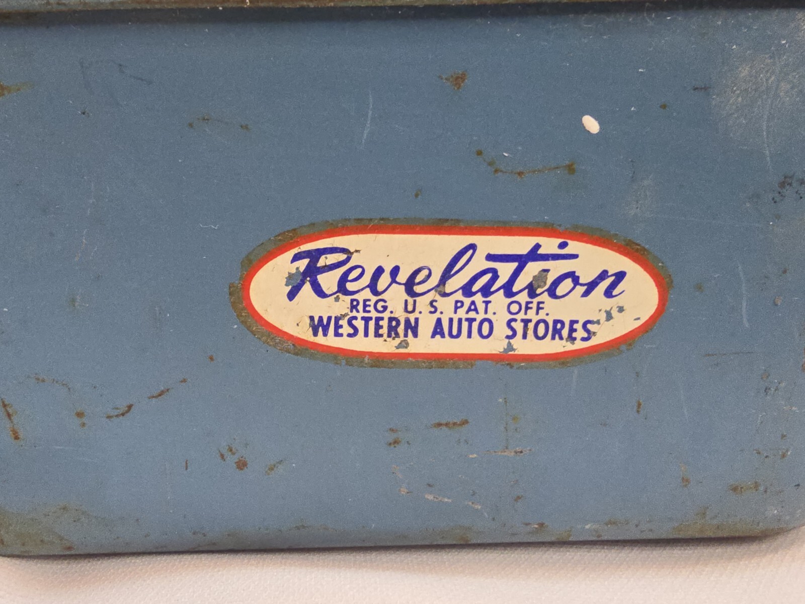 Vintage Revelation Western Auto Stores Metal Tackle Tool Box Ruler Blue