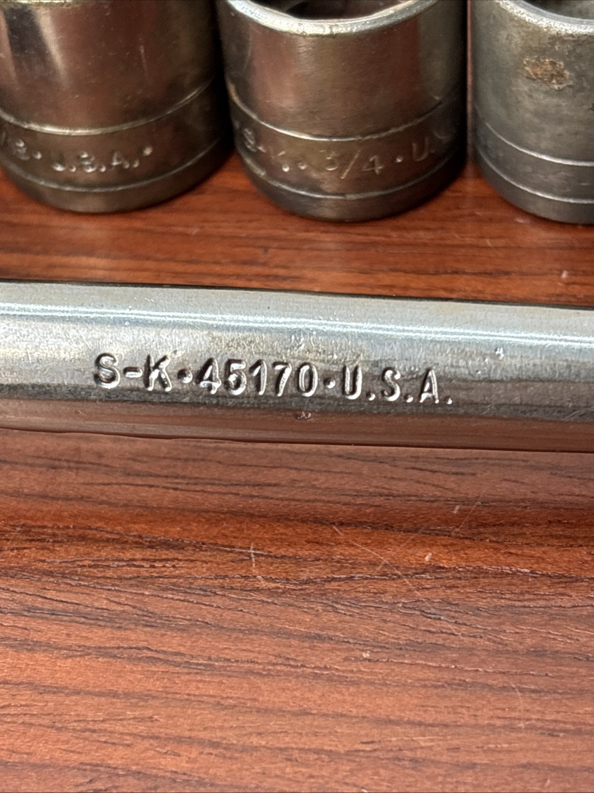 Vintage S-K Tools 3/8” Ratchet 45170 Chrome Knurled Handle & Socket Lot
