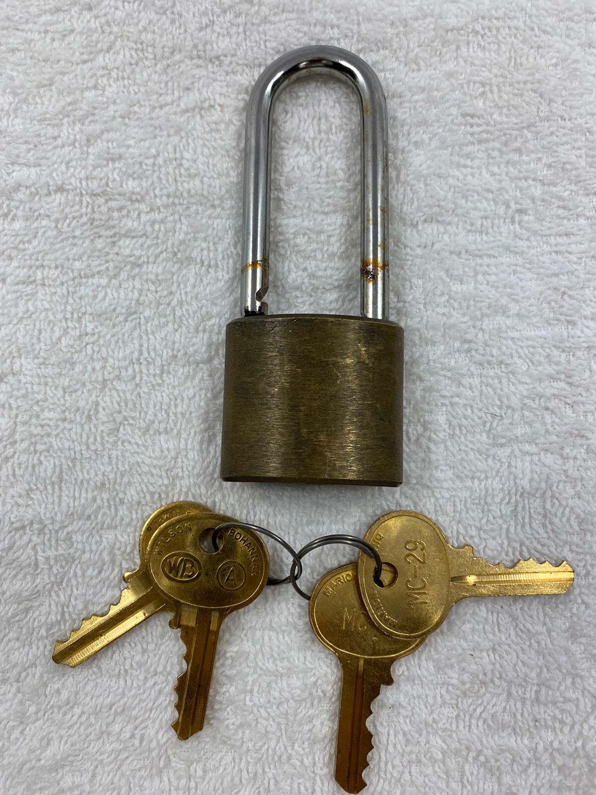 Vintage Wilson Bohannan WB Padlock With Key Locksport Brass Lock Long 4 Keys