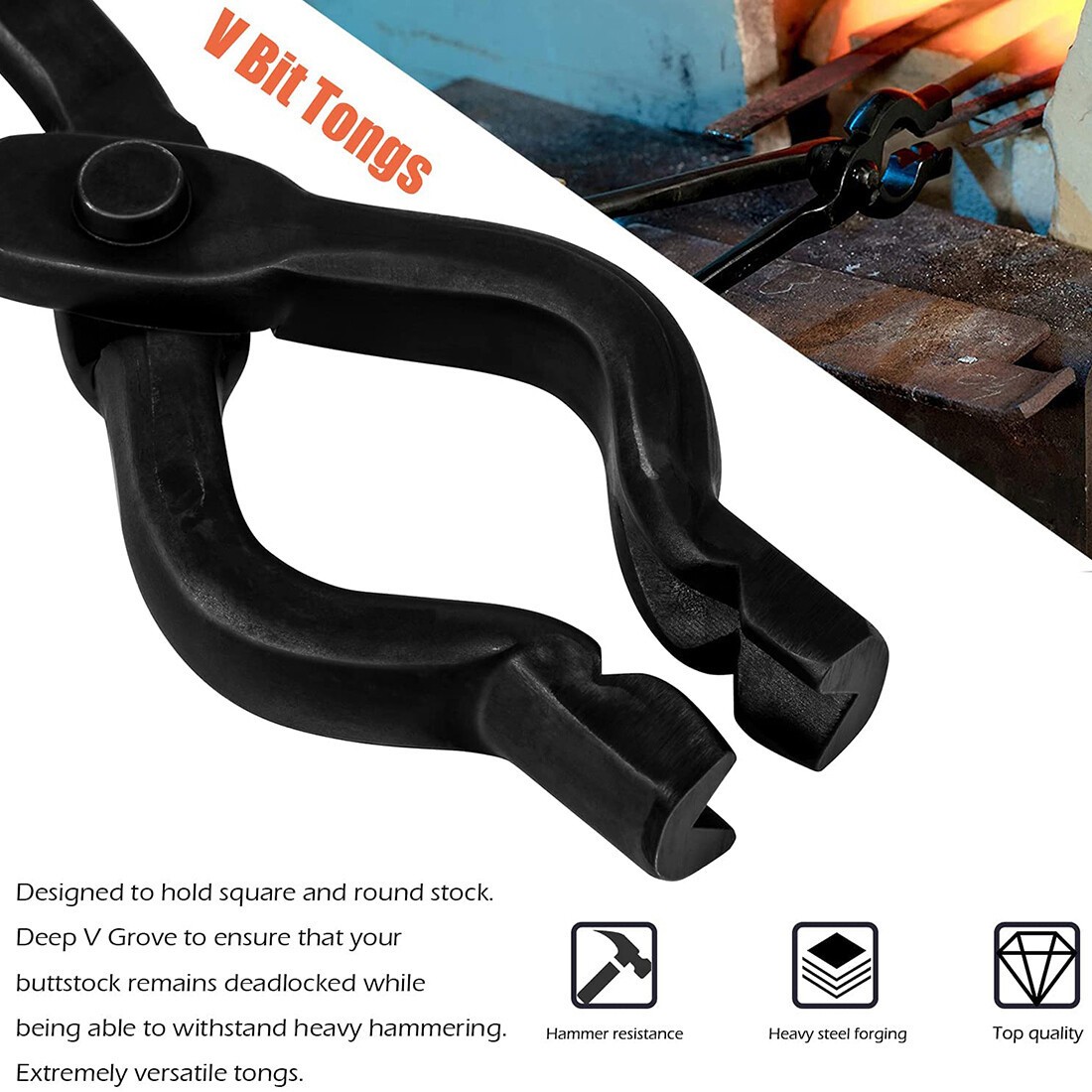 3PCS Blacksmith Tongs Set for Knife Making Wolf Jaw V-Bit Forging Hammer 1.0KG