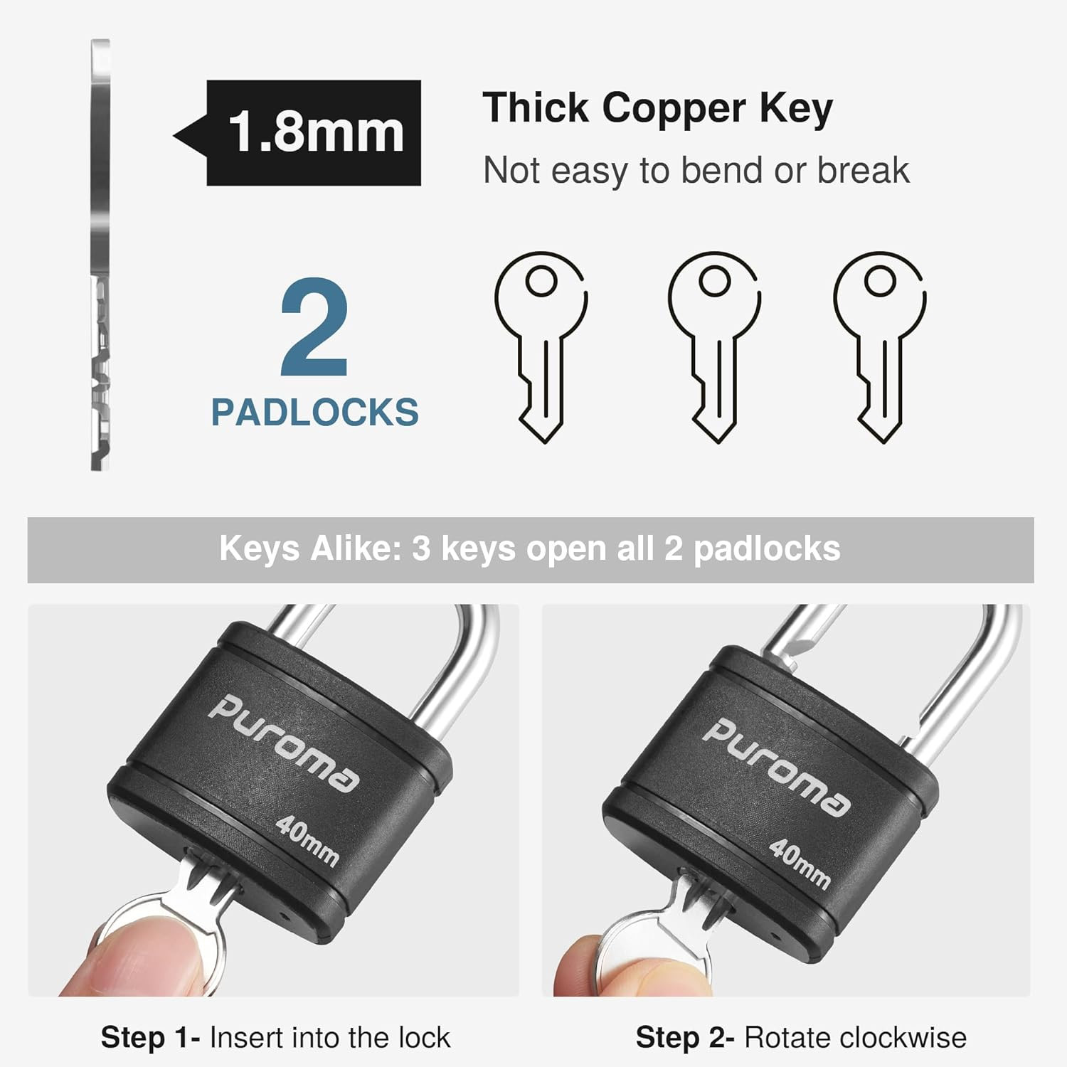 2 Keyed Padlock with 3 Keys 7/8″ School Locker Lock Gate 40Mm Black | for Gym Lo