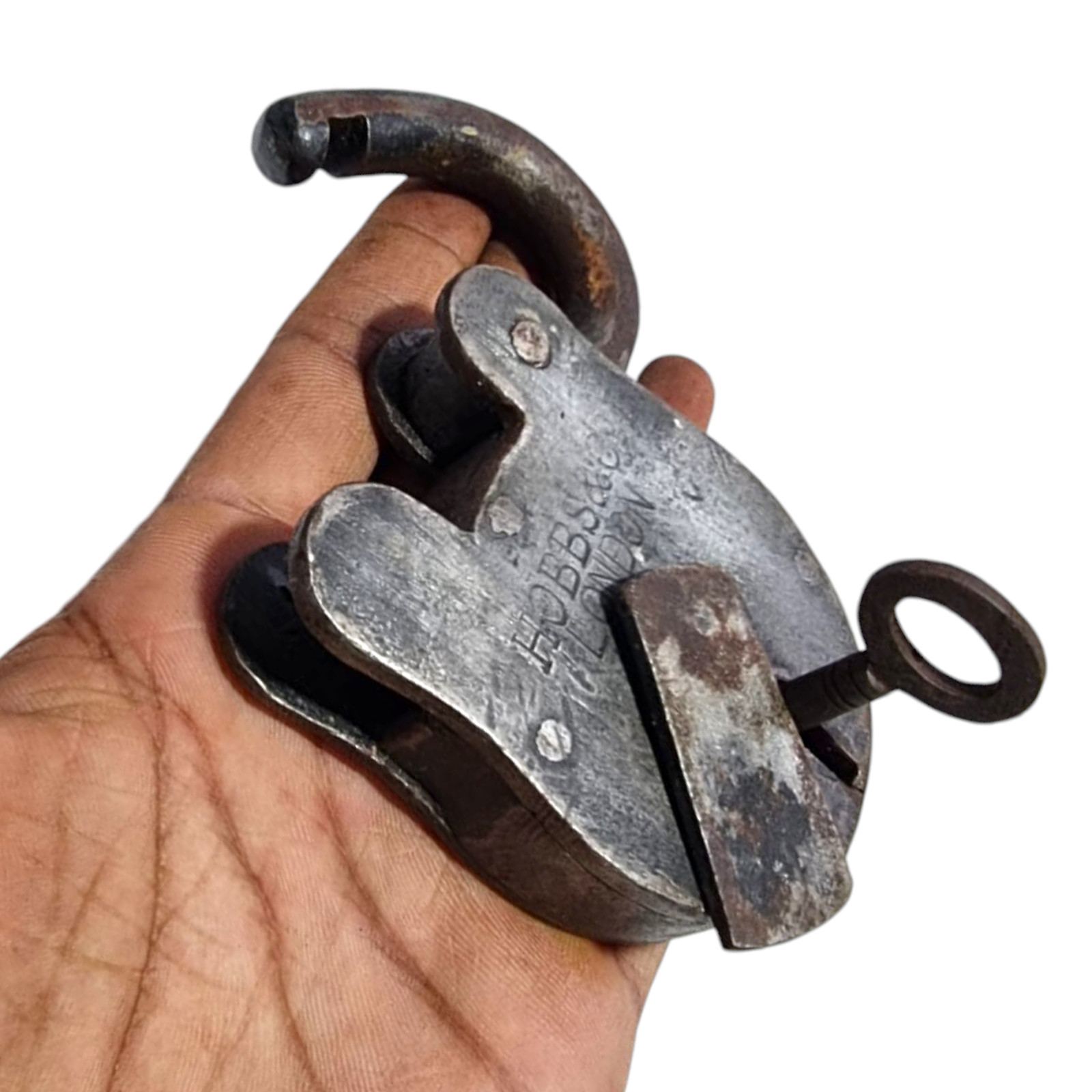 1900’s Vintage Old Antique Rare Hobbs & Co Engraved Iron Pad Lock, Key LONDON