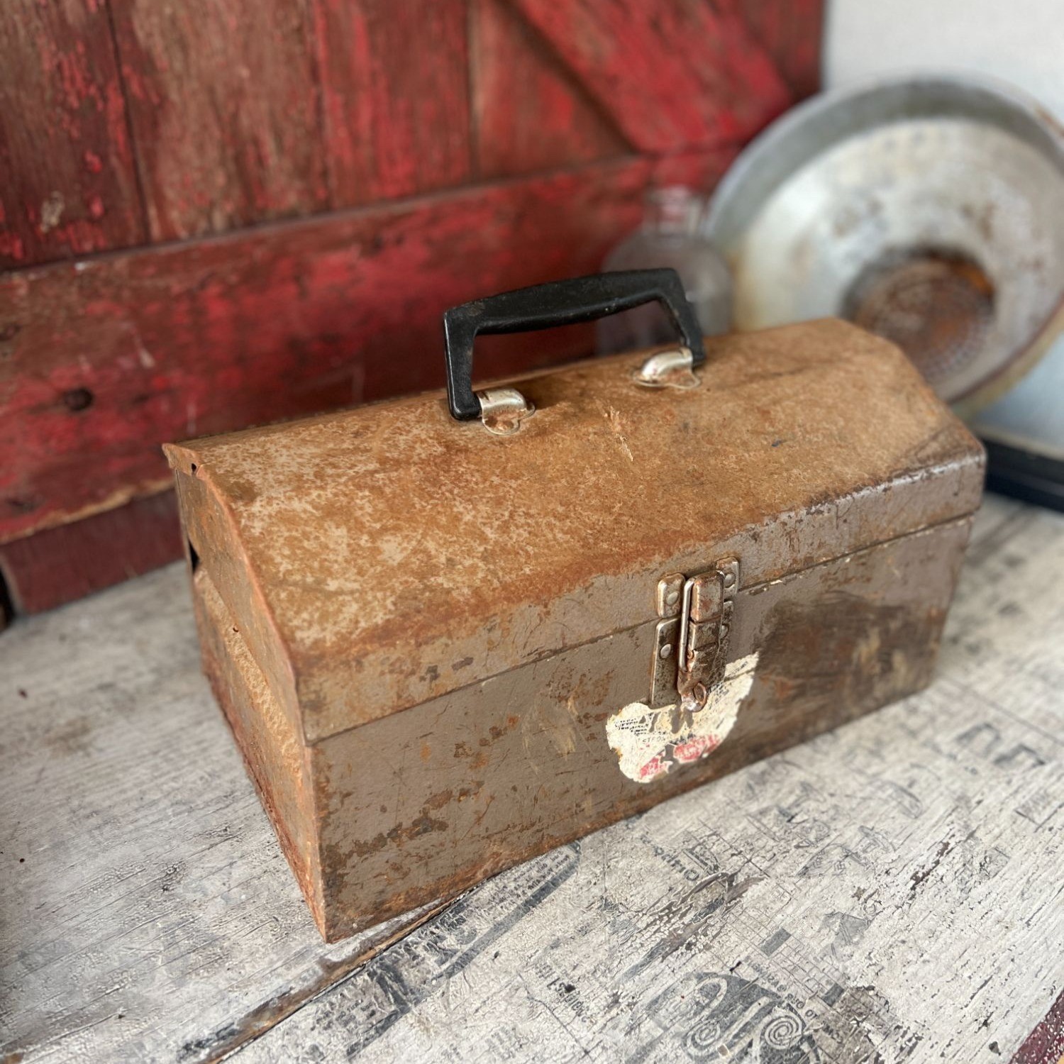 Vintage Metal Toolbox With Handle & Removable Tray 15″x8.5″x8″ Rustic Aged