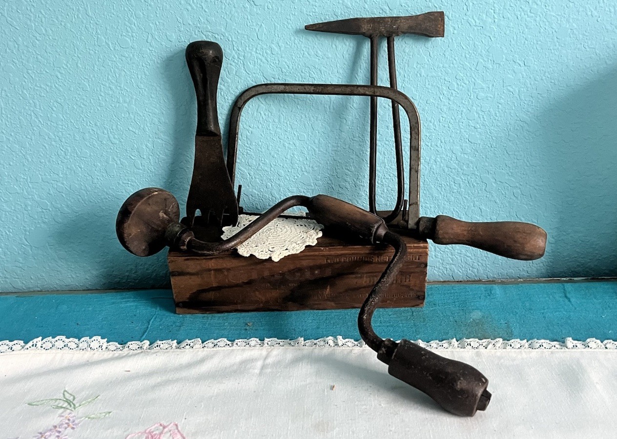 Instant Collection Antique Primitive Hand Tools Lot Brace Drill Saw Hammer