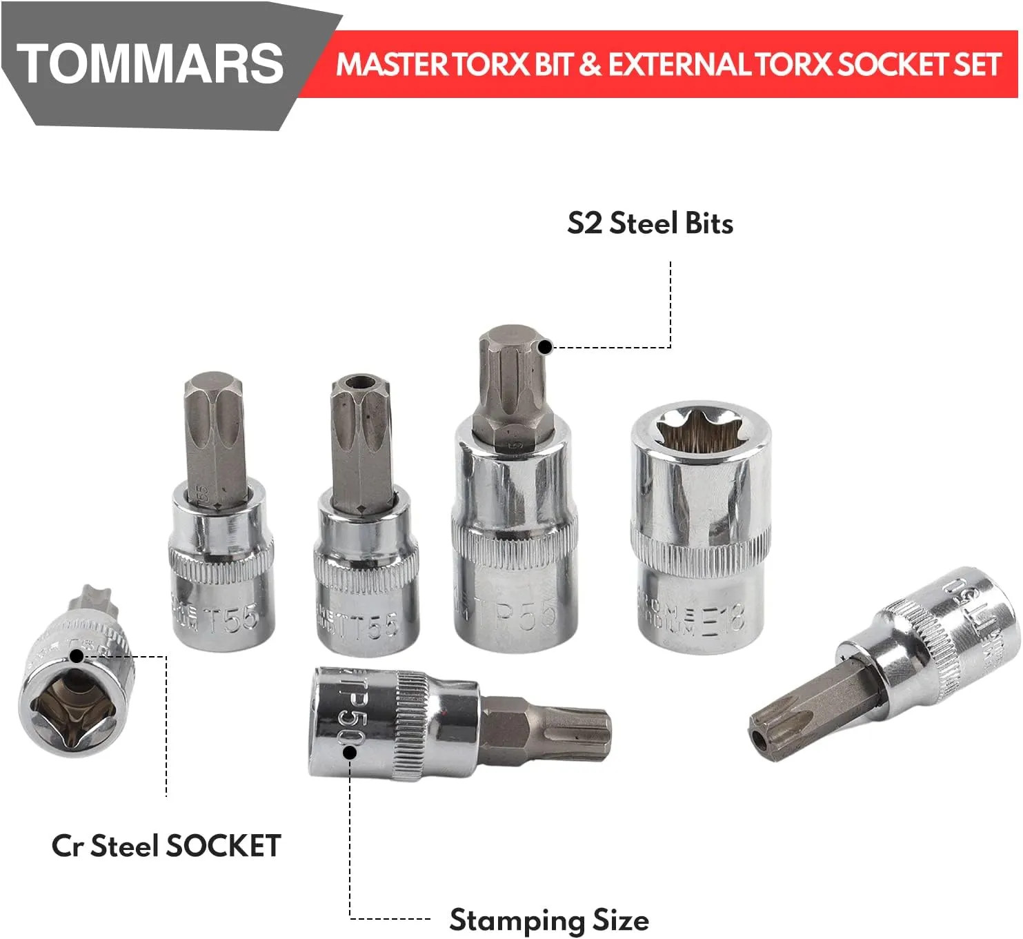 60 Piece Master Torx Bit And External Socket Set 1/4 3/8 1/2 Drive S2 Steel Tool