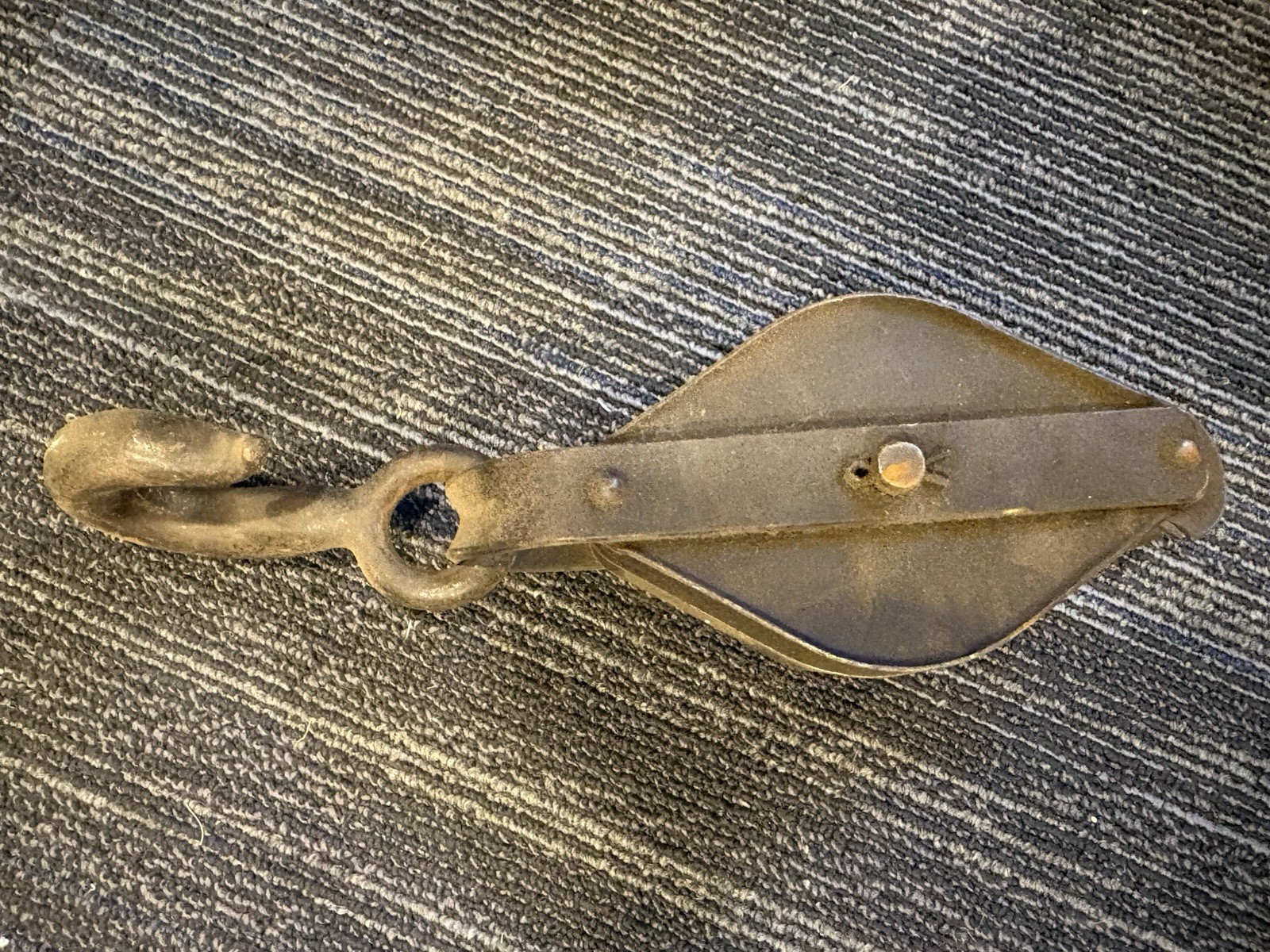 vintage, diamond-shaped, all-metal Double barn pulley block with a forged hook