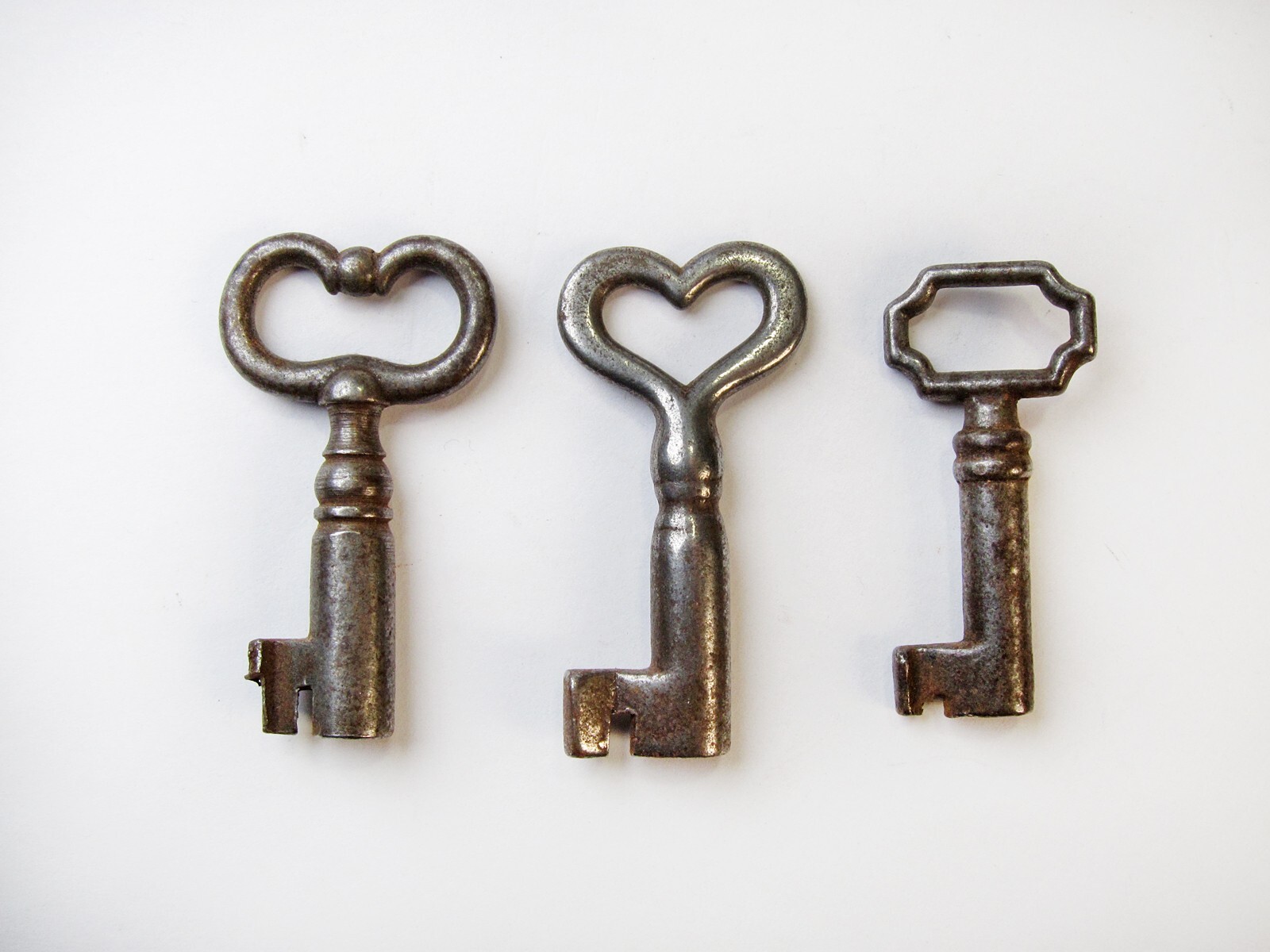 Three (3) Antique Keys, Hollow Barrel Skeleton Keys, Unique Designs!