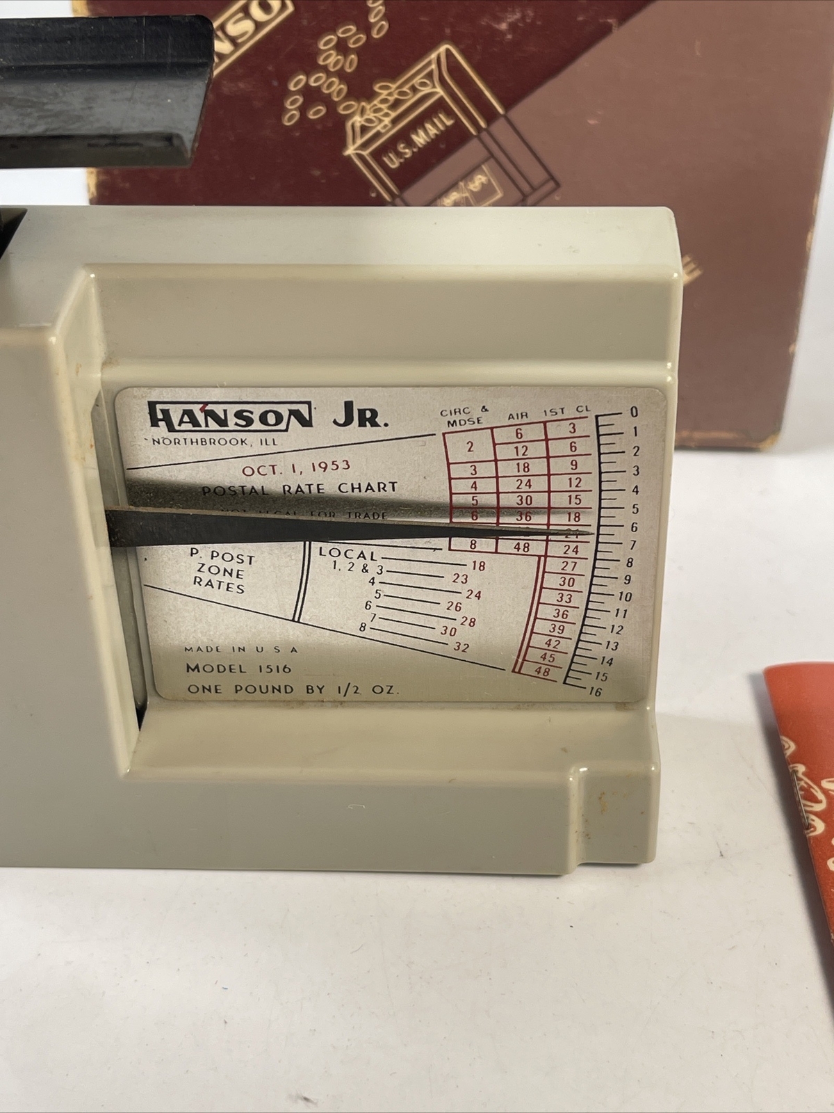 Vintage Hanson Jr Postal Scale Model 1516 One pound by 1/2 Oz 1950s Box & Manual