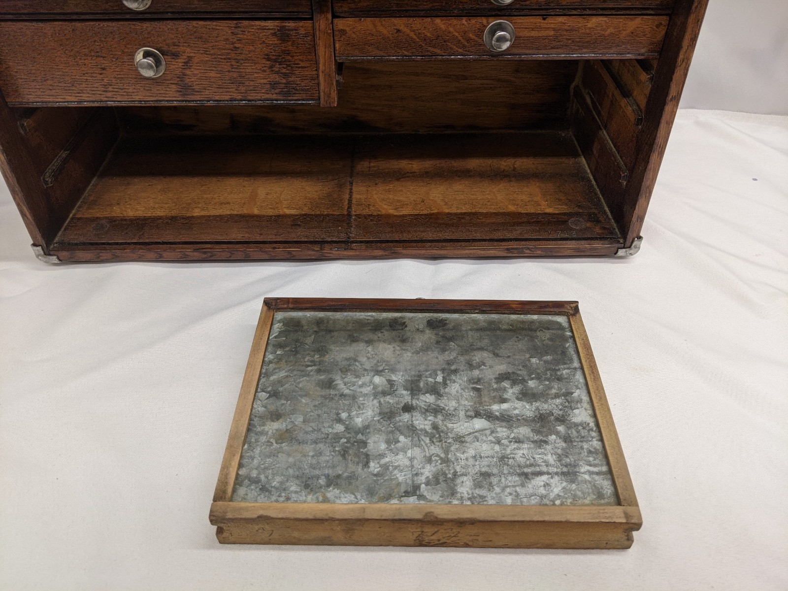 Antique Union Model B-20 7 Drawer Wooden Oak Toolbox Chest With Key