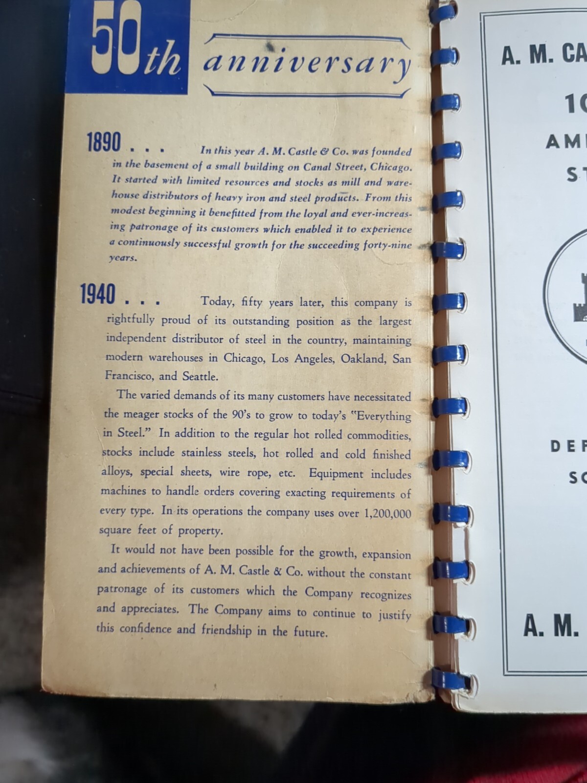 A.M.CASTLE & CO. STEEL DISTRIBUTORS 50th Anniversary VINTAGE 1940 STOCK REF