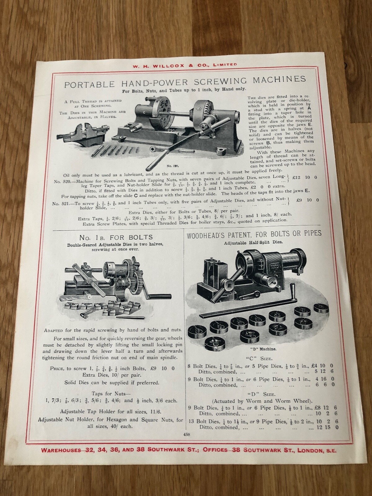 1917 w.h. willcox of london double sided print ! hand power screwing machines