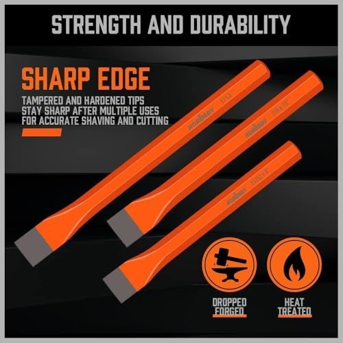 Heavy Duty Cold Chisel Set – 3 Pieces, Long 8″ 10″ 12″, with Roll Pouch, Metalwo