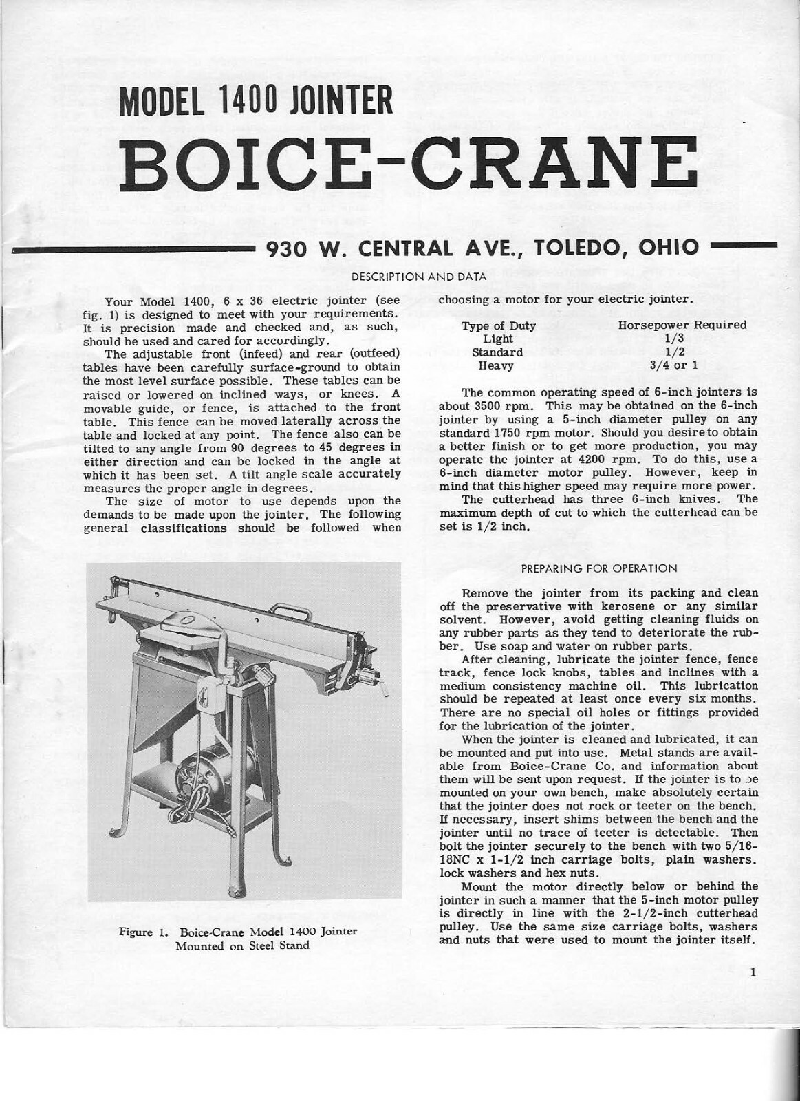 Operator Instruction Manual Fits Boice Crane Model 1400 Jointer