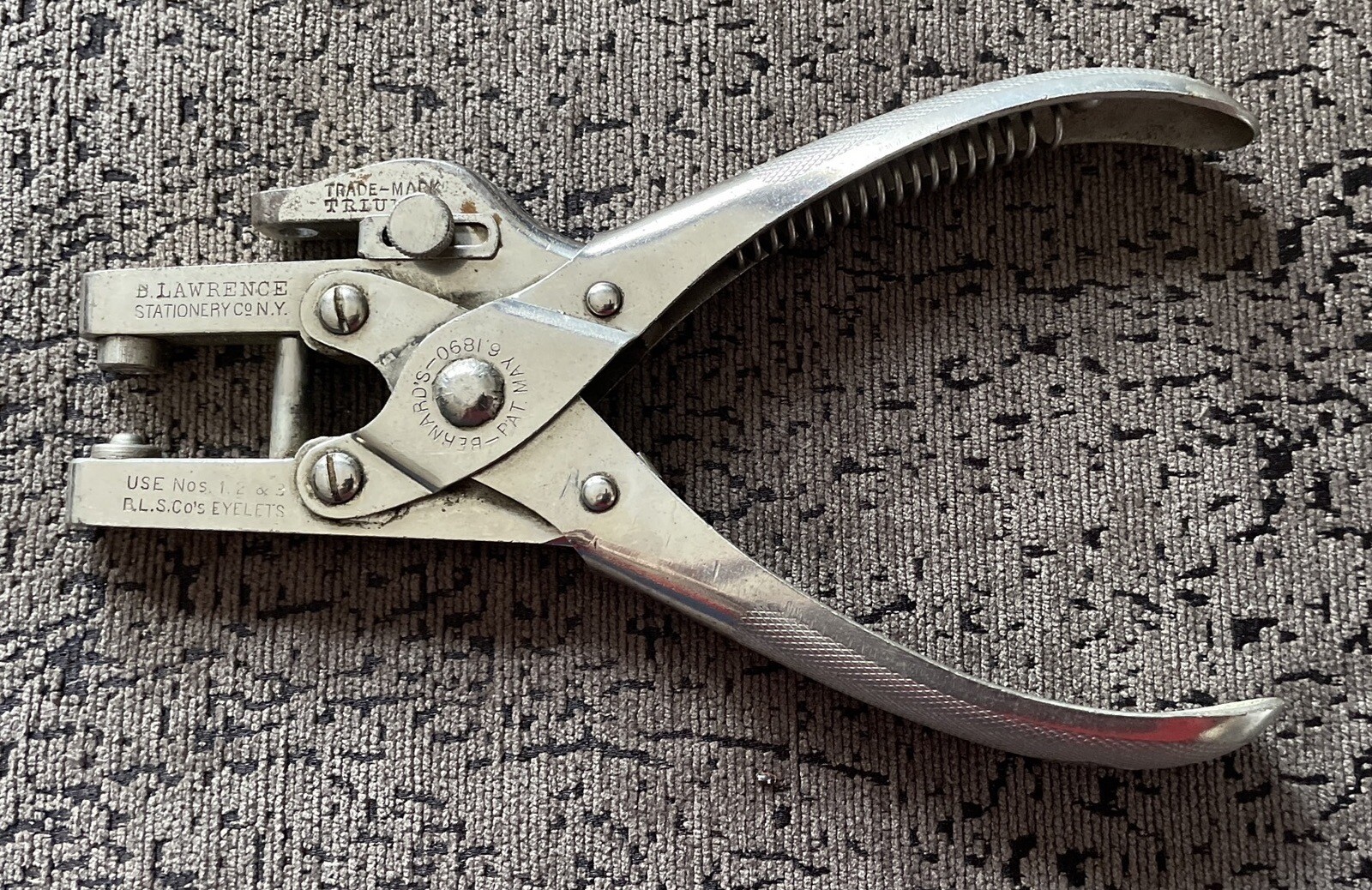B.Lawrence Stationery Co Trademark Triumph #1 2 & 3 Hole Eyelet Punch ~ May 1890