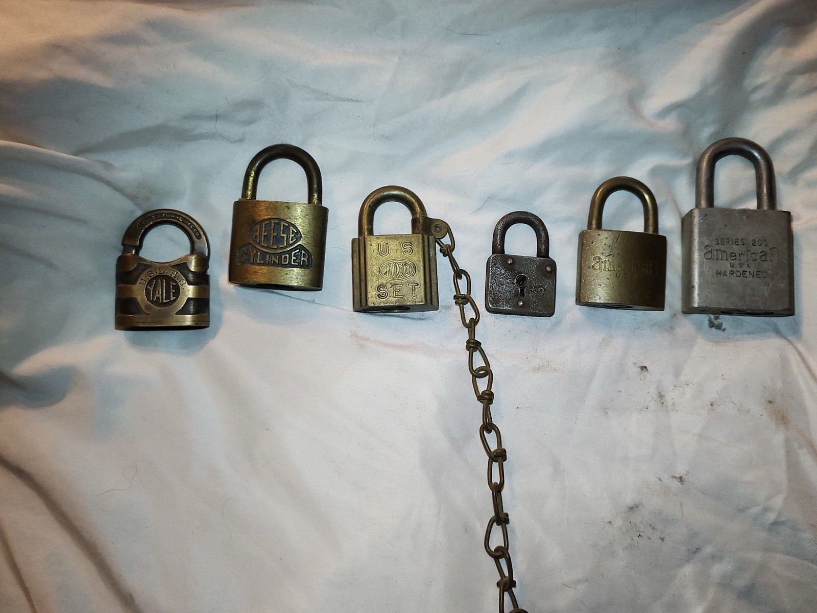 Set of 6 vintage locks. Some brass. Some steel.