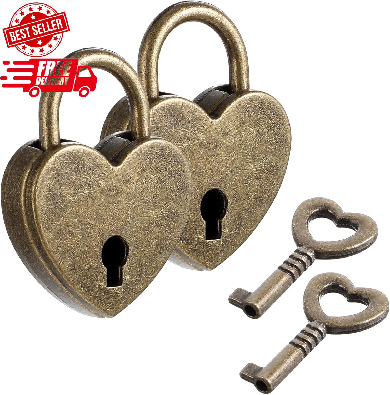 2Pcs Small Heart Locks with Key, Bronze Antique Padlocks for Jewelry Box, Diary,