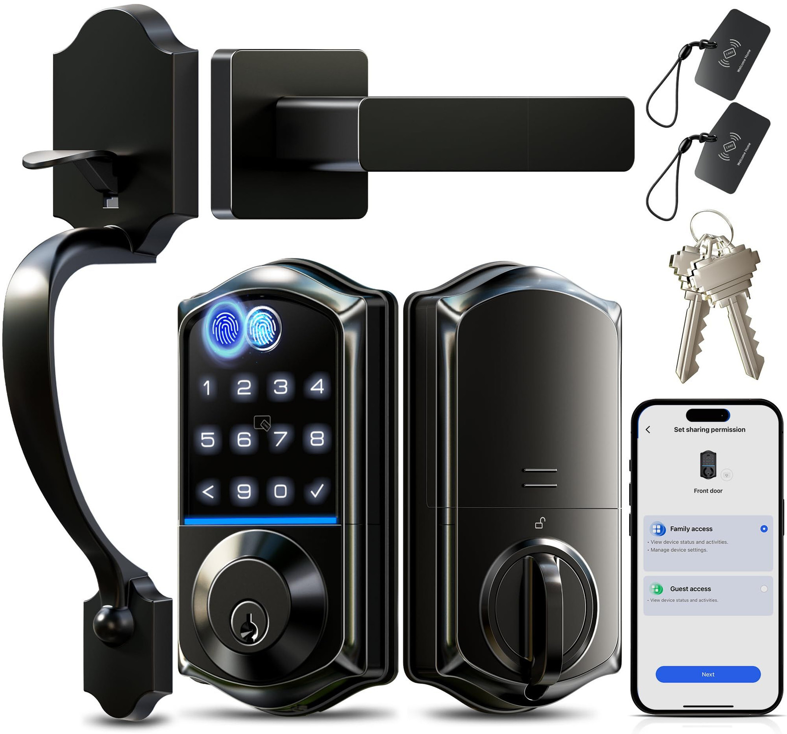 Veise VE017-H Fingerprint Smart Front Door Lock Set, App Control, Matte Black